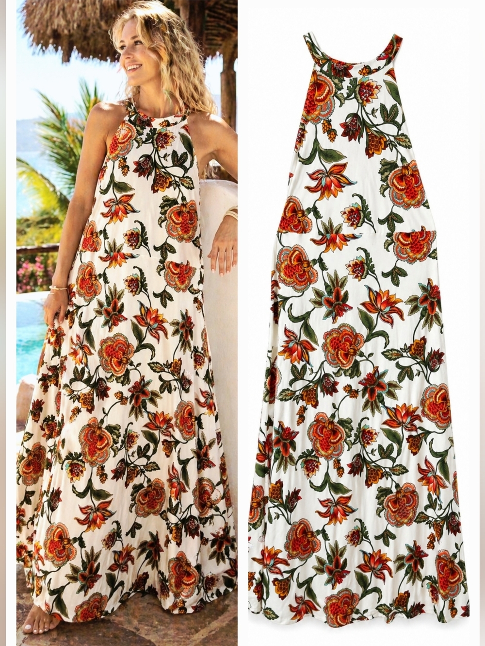 Matrushka Construction Floral Halter Maxi SUMMER Dress A-Line Swing Handmade L